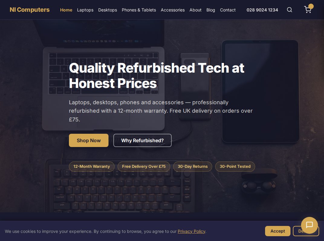 NI Computers homepage with featured products